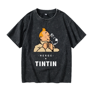 欧美动漫丁丁历险记 亭亭历险记T恤短袖休闲衣服女男圆领大码宽松