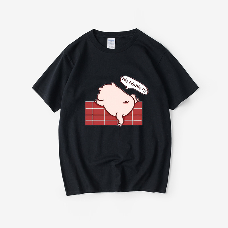 猪图案搞笑有趣创意手绘可爱猪卡通t恤短袖黑色衣服女男圆领大码