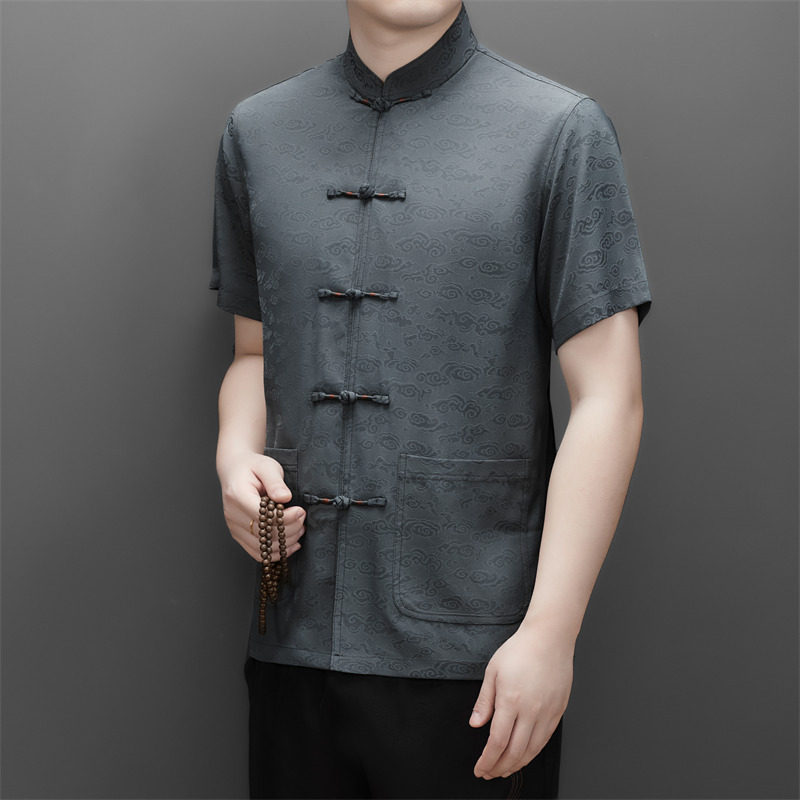 夏季仿真丝高端提花唐装男中老年风新中式汉服M9301P73深灰色,男装民族服装,星座804（原QT730）