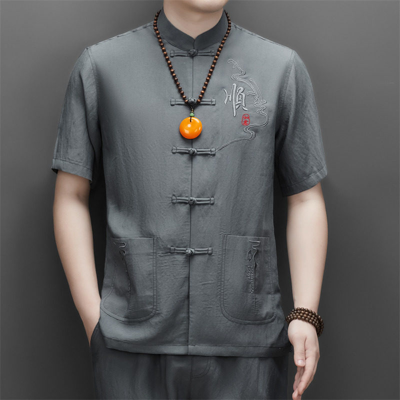 男士夏季天丝棉麻高端刺绣唐装中老年风汉服M9606P73深灰色图片
