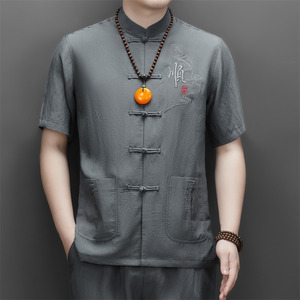 男士夏季天丝棉麻高端刺绣唐装中老年风汉服M9606P73深灰色图片