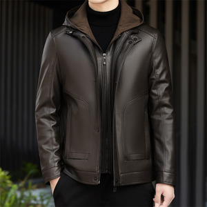 25年冬季新款帽可脱卸羽绒服皮夹克M76678P230外景图片