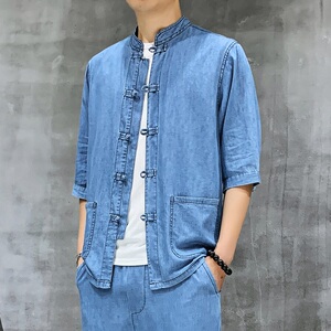 夏季风水洗牛仔五分袖薄款上衣大码汉服XZ804/S7708P85浅蓝色图片