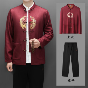 冬季老人绣花唐装风男加绒套装爸爸中式品质外套T25501P180，男装民族服装，星座804（原QT730）
