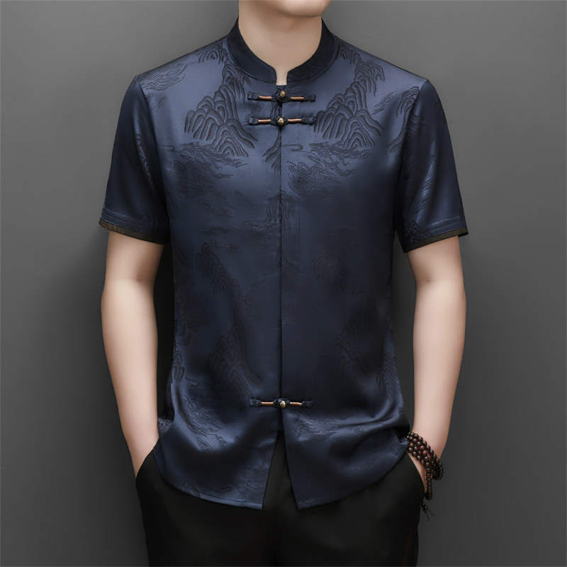 夏季高端唐装男士中老年风新中式汉服M5108P93藏青色,男装民族服装,星座804（原QT730）