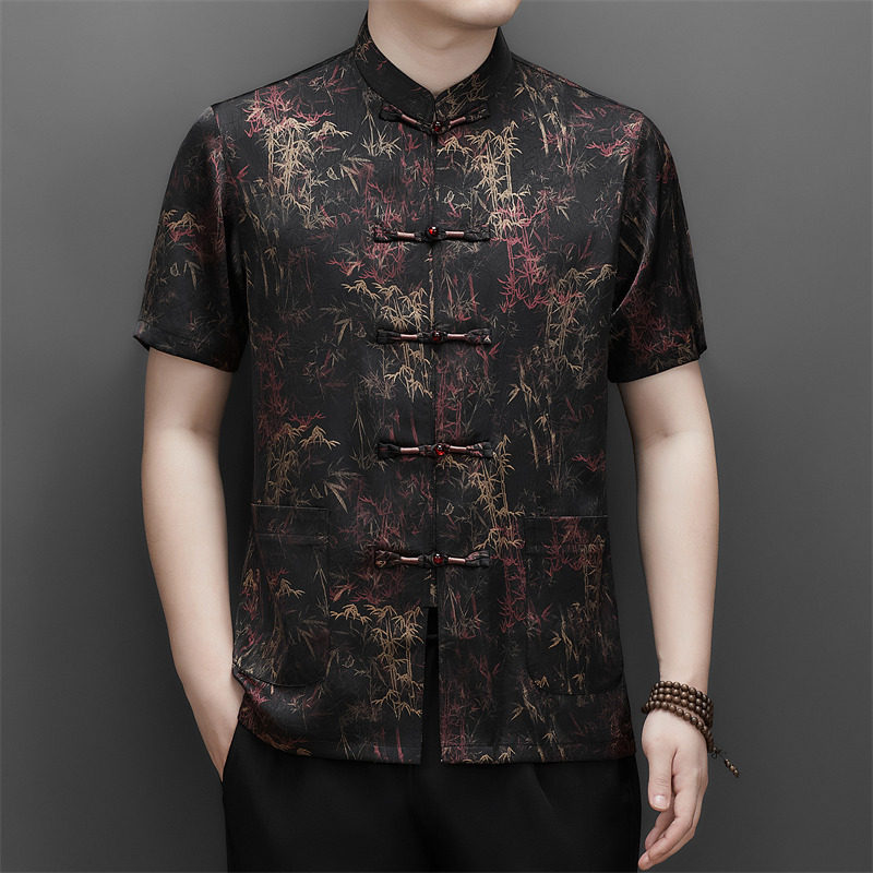 男中老年夏季香云纱高端印花唐装风新中式汉服MB9216P86紫色,男装民族服装,星座804（原QT730）