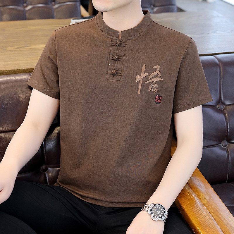 男夏季风大码盘扣禅服古风立领半袖上衣服XC6512P48焦糖色,男装民族服装,星座804（原QT730）