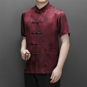 夏季香云纱高端印花唐装男士中老年风新中式汉服M9217P63红色图片