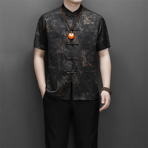 高端印花唐装夏季香云纱男中老年风新中式汉服T9216P90绿色图片