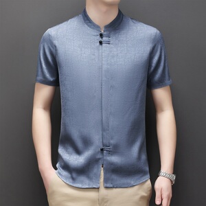 夏季风短袖衬衫男装汉服盘扣立领休闲男士衬衣M226P60灰蓝色