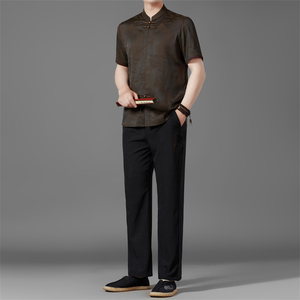 夏季高端唐装套装男士中老年新中式汉服T5108P123咖色图片