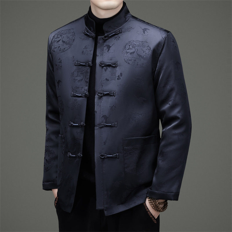 冬季风大码提花老人加绒立领盘扣唐装XZ804/R575P120,男装民族服装,星座804（原QT730）