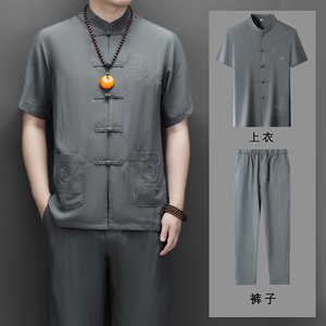 中老年风天丝棉麻高端刺绣唐装男新中式汉服T9603P115深灰色图片