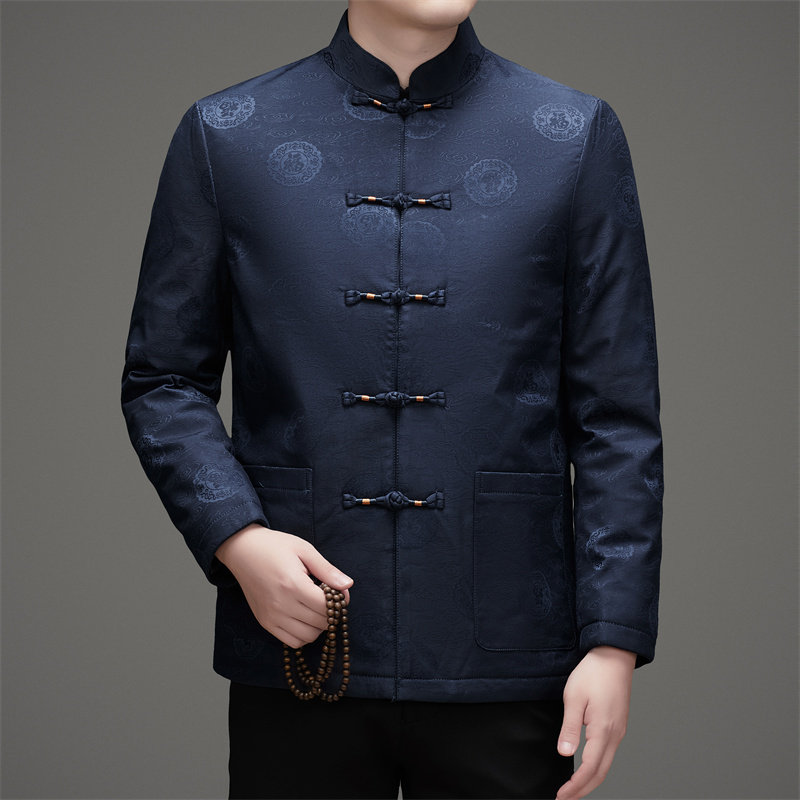 风男冬季老人印花羽绒服立领唐装汉服爷爷外套D21815P200蓝色,男装民族服装,星座804（原QT730）