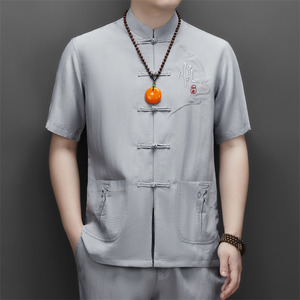 夏季天丝棉麻高端刺绣唐装男士中老年风新中式汉服M9606P73图片