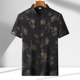 夏季香云纱高端印花唐装男士中老年风新中式汉服MT9217P90，男装民族服装，星座804（原QT730）