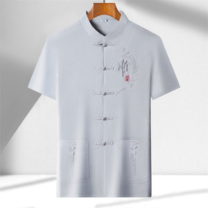 男士夏季天丝棉麻高端刺绣唐装中老年风汉服M9606P73深灰色图片