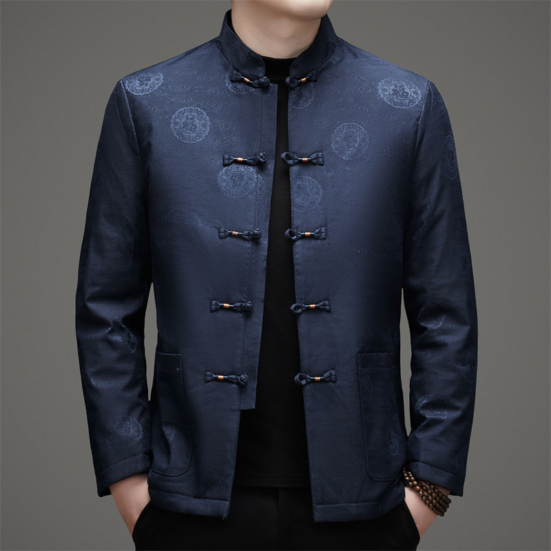 风男冬季老人印花羽绒服立领唐装汉服爷爷外套D21815P200蓝色,男装民族服装,星座804（原QT730）