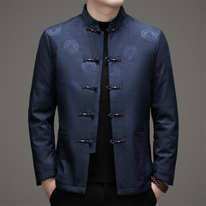 风男冬季老人印花羽绒服立领唐装汉服爷爷外套D21815P200蓝色图片