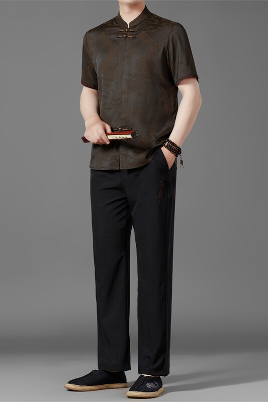 夏季高端唐装套装男士中老年新中式汉服T5108P123咖色,男装民族服装,星座804（原QT730）