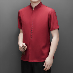 25年仿真丝高端提花唐装男士中老年风新中式汉服M9303P73红色,红色汉服搭配什么颜色图片