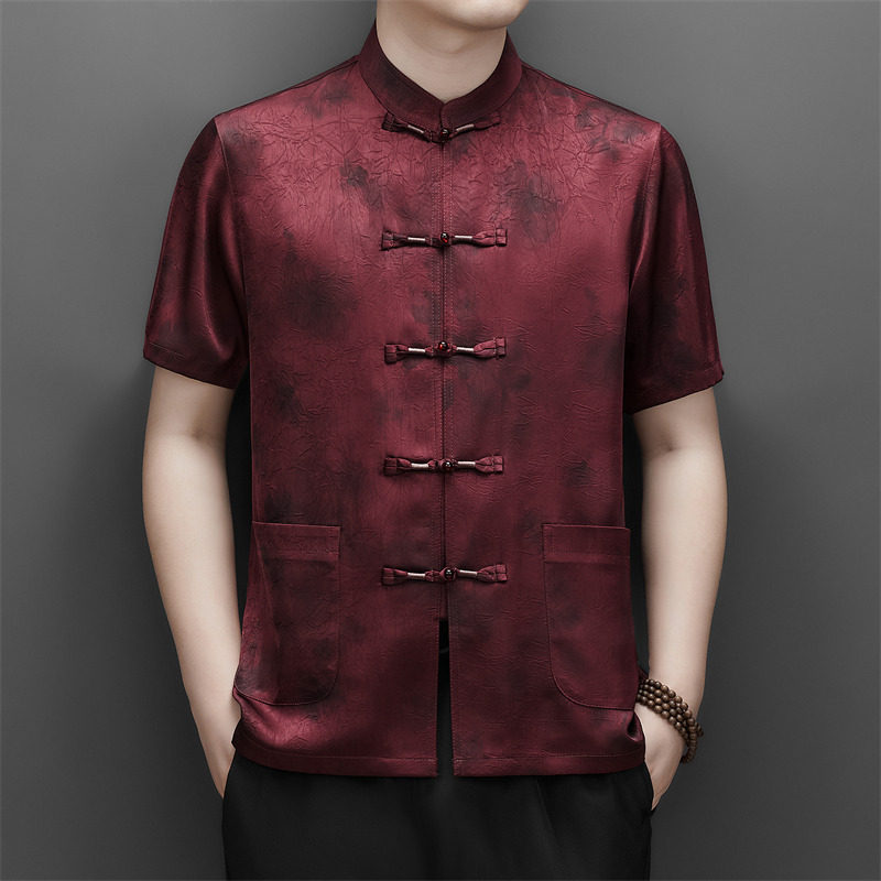 夏季香云纱高端印花唐装男士中老年风新中式汉服M9217P63红色,男装民族服装,星座804（原QT730）