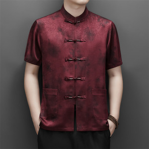 夏季香云纱高端印花唐装男士中老年风新中式汉服M9217P63红色图片