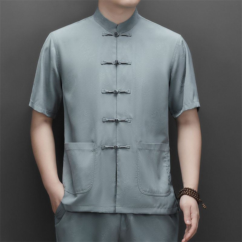 仿真丝高端提花唐装男士中老年风新中式汉服M9601P70灰绿色,男装民族服装,星座804（原QT730）