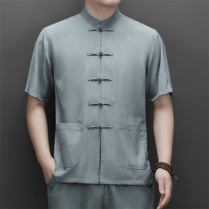 仿真丝高端提花唐装男士中老年风新中式汉服M9601P70灰绿色图片