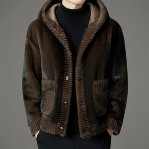 高品冬季皮毛一体仿皮草雪兰貂连帽短款外套M1177P285棕色图片