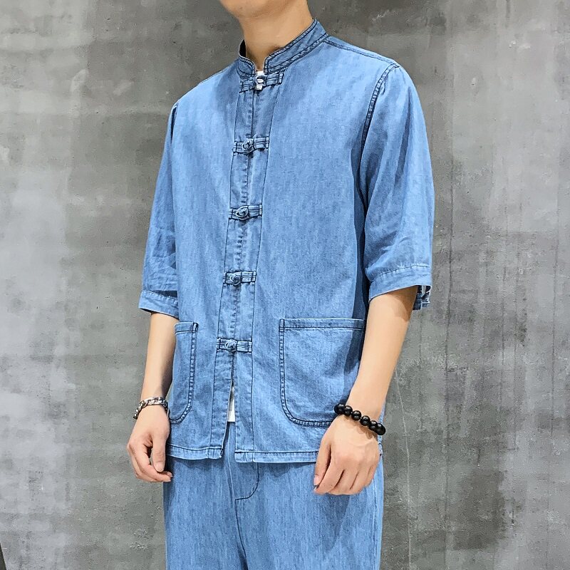 夏季风水洗牛仔五分袖薄款上衣大码汉服XZ804/S7708P85浅蓝色,男装民族服装,星座804（原QT730）