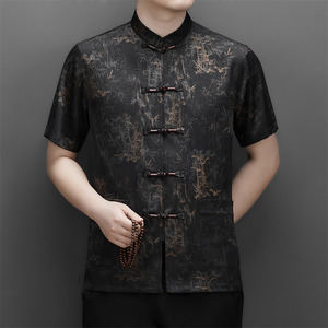 夏季香云纱高端印花唐装男士中老年风新中式汉服M9216P63黄色图片