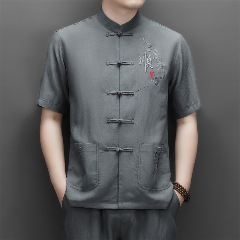 夏季天丝棉麻高端刺绣唐装男士中老年风新中式汉服M9606P73,男装民族服装,星座804（原QT730）