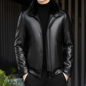 皮羽绒服冬季新款可拆毛领高领羽绒服皮夹克M72606P230黑色外景图片