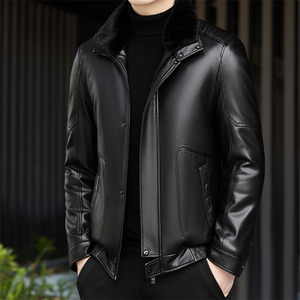 25年冬季新款可拆毛领高领羽绒服皮夹克M72606P230外景图片