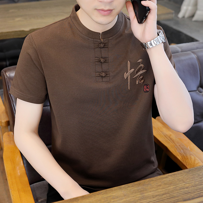 男夏季风大码盘扣禅服古风立领半袖上衣服XC6512P48焦糖色，男装民族服装，星座804（原QT730）
