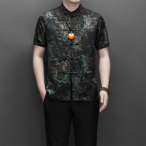 高端印花唐装夏季香云纱男中老年风新中式汉服T9216P90绿色图片