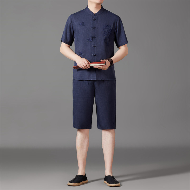 仿真丝短袖衬衫唐装中老年风新中式汉服B5101P87藏青色,男装民族服装,星座804（原QT730）