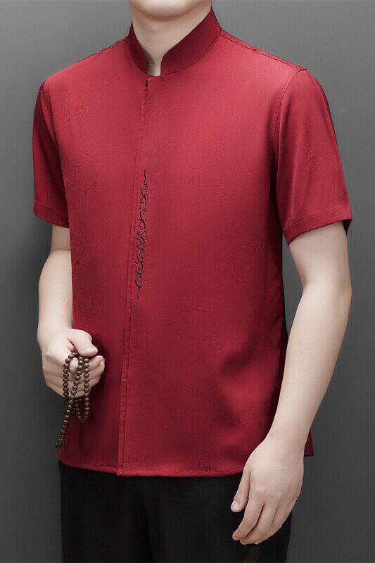 25年仿真丝高端提花唐装男士中老年风新中式汉服M9303P73红色,男装民族服装,星座804（原QT730）