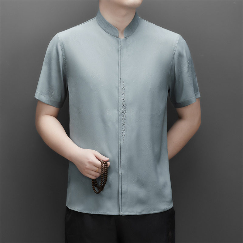 男士中老年仿真丝高端提花唐装风新中式汉服MB9303P96灰绿色,男装民族服装,星座804（原QT730）