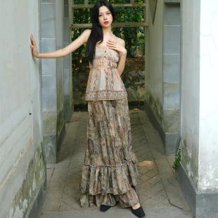 绑绳文艺半身裙套装 复古做旧植物图腾新中式 枯木之原裙 小菊川栗