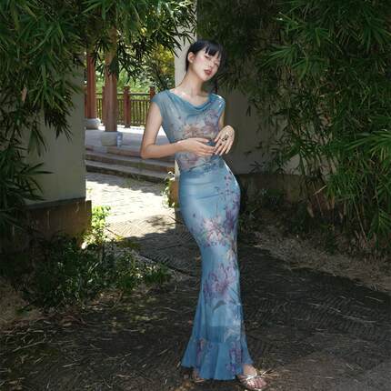 小菊川栗/清婉紫鸢裙 鸢尾花复古中式荡领修身套装上衣+鱼尾长裙