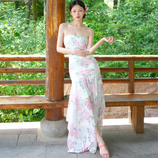抹胸连衣裙女度假风收腰长裙 浪漫碎花新中式 小菊川栗 素锦桃溪裙