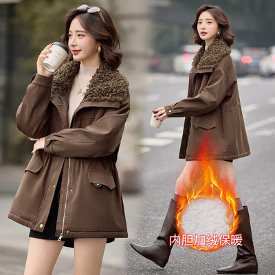 咖色羊羔毛翻领加绒派克服女2025冬季中长款加厚保暖收腰棉服外套