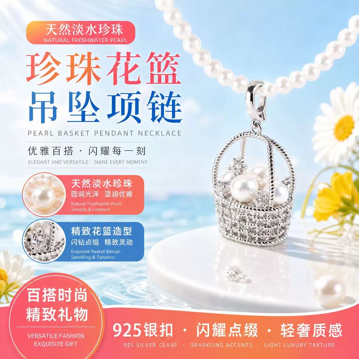 法式花篮镂空编织锆石施家珍珠可拆卸吊坠项链女小众设计精致项饰图片