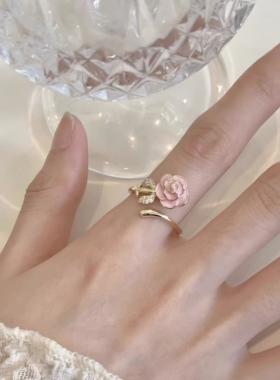 新款山茶花粉色戒指花朵戒指ins玫瑰花小众晚礼服小众ins高级法式