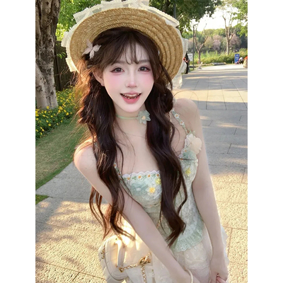 纯欲风蕾丝拼接吊带半身裙套装女