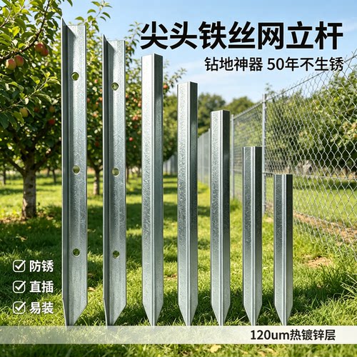 立柱杆铁丝网实心等边型尖头钢管支撑杆爬藤架三角铁菜园塑料护栏