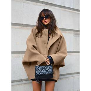 外套欧美跨境简约通勤女装 秋季 开衫 高级感棕色毛呢翻领蝙蝠袖 时尚