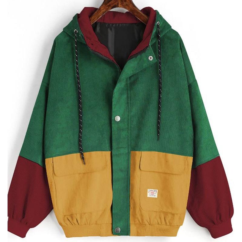 2019韩版学院风学生BF宽松拼色连帽棒球服灯芯绒工装外套女 现货